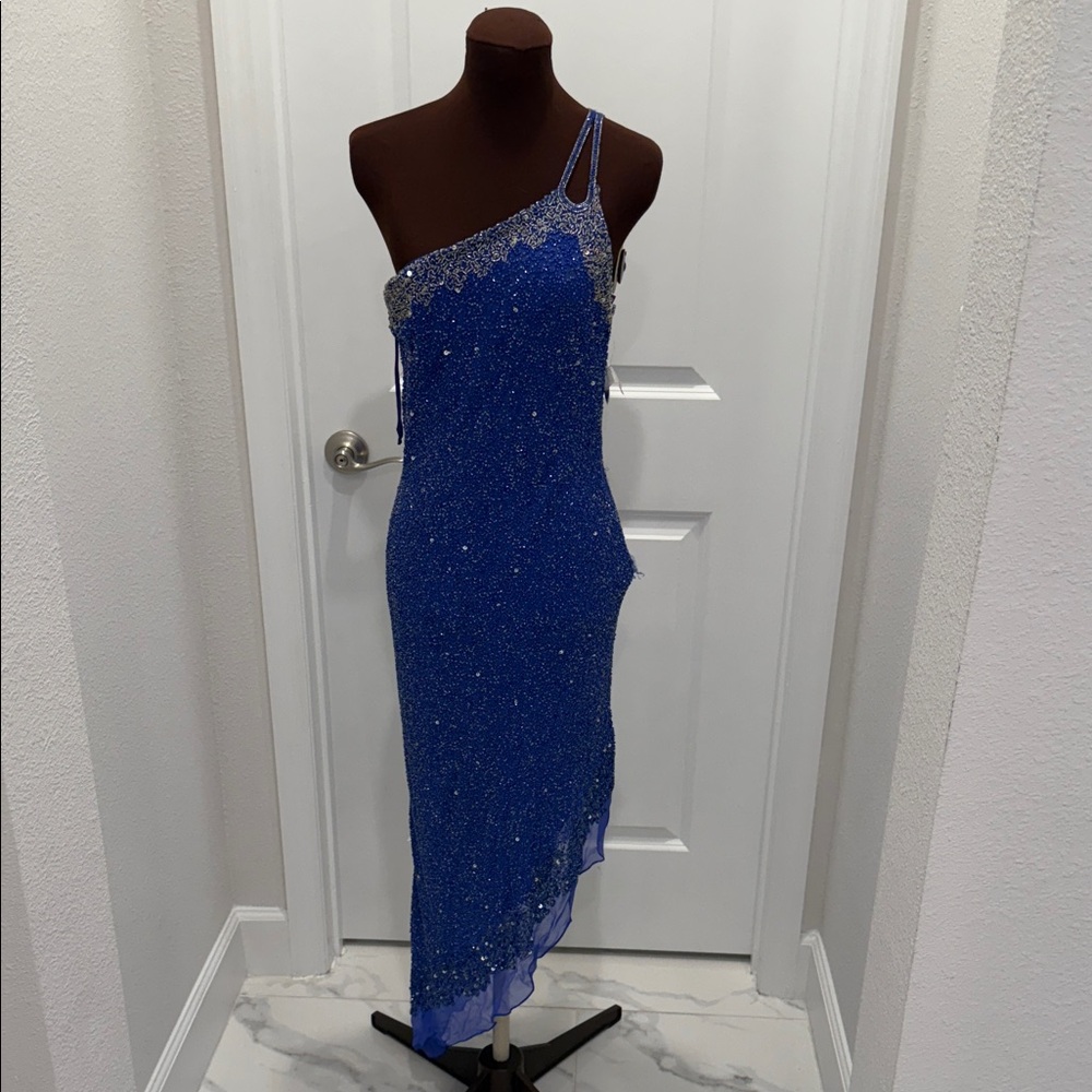 Vintage scala one shoulder blue midi dress with extra beads size medium NWOT
